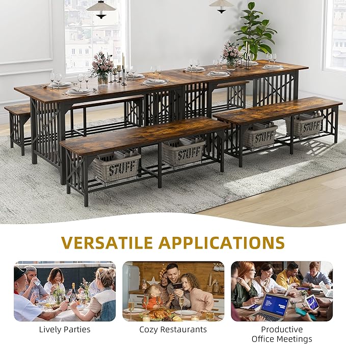 DWVO 3-Piece Dining Table Set for 4-6 People, 63" Dining Room Table with 2 Benches, Industrial Rectangular Dining Room Table Set with Storage for Kitchen, Dining Room, Rustic Brown - LeafyLoom