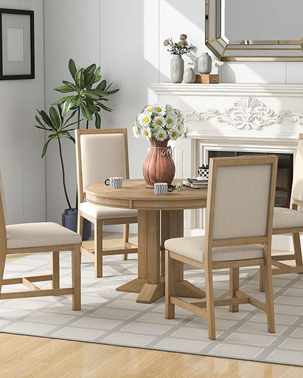 5-Piece Dining, Farmhouse Set-Extendable Round Table and 4 Upholstered Chairs for Kitchen, Living Room, Natural Wood Wash - LeafyLoom