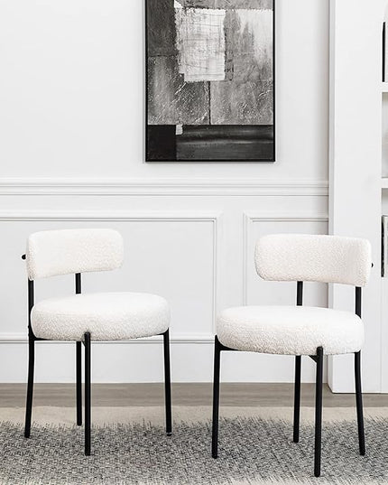 DYHOME Dining Chairs Set of 4, White Modern Upholstered Kitchen Dining Room Chairs, Boucle Dining Chairs Curved Backrest, Mid Century Kitchen Chairs with Black Metal Legs - LeafyLoom