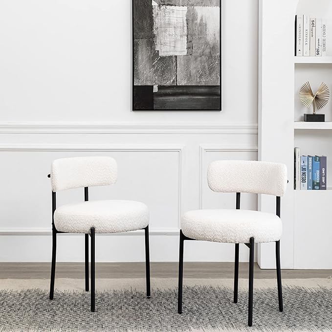 DYHOME Dining Chairs Set of 4, White Modern Upholstered Kitchen Dining Room Chairs, Boucle Dining Chairs Curved Backrest, Mid Century Kitchen Chairs with Black Metal Legs - LeafyLoom
