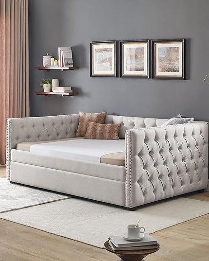 Linen Upholstered Full Size Daybed with Twin Trundle, Wooden Sofa Bed Frame w/Button Tufted and Copper Nail on Square Arms, for Bedroom, Guest Room, No Spring Box Need, Beige - LeafyLoom