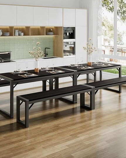 SHA CERLIN 3-Piece Dining Table Set with 2 Benches, Rustic Kitchen Table Set for 4-6, Space-Saving Dinette, Sturdy Structure, Easy Assemble, Black/Grey - LeafyLoom