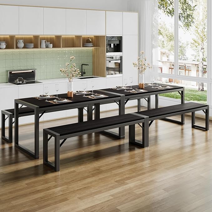 SHA CERLIN 3-Piece Dining Table Set with 2 Benches, Rustic Kitchen Table Set for 4-6, Space-Saving Dinette, Sturdy Structure, Easy Assemble, Black/Grey - LeafyLoom
