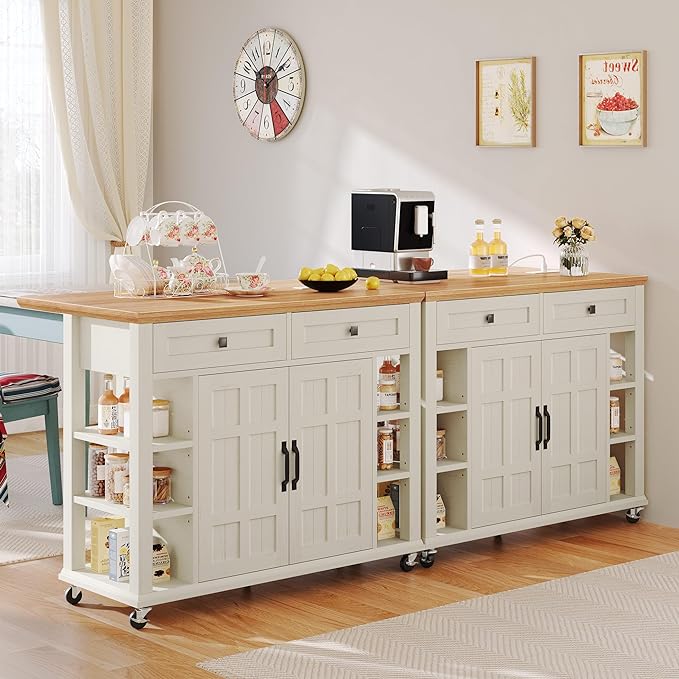 YITAHOME Kitchen Island with Drop Leaf & Power Outlet, Rolling Kitchen Cart on Wheels, Americana Kitchen Island Cabinet with Open Shelves for Kitchen Dining Room, Thicker Rubberwood Top, Off White - LeafyLoom