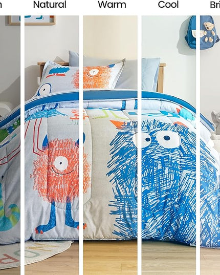 SLEEP ZONE Kids Bedding Comforter Set Full/Queen Size - Super Cute & Soft Kids Bedding 7 Pieces Set with Comforter, Sheet, Pillowcase & Sham (Monster) - LeafyLoom