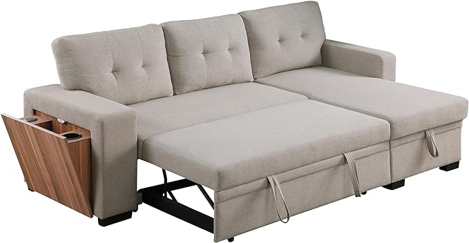 92 inch Convertible L-Shaped Sleeper Sectional Sofa with Storage Chaise,Reversible Couch with Side Open Cup Holder for Apartment, Dorm, Living Room, 92inch, Light Gray-4 - LeafyLoom