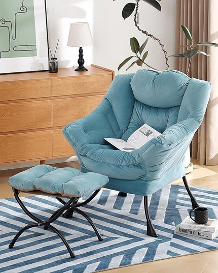 Lazy Chair with Ottoman, Modern Chair with Folding Footrest, Lounge Accent Chair, Comfortable Reading Chair (Light Blue) - LeafyLoom