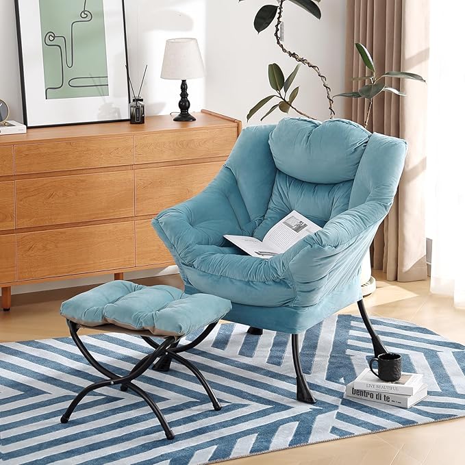 Lazy Chair with Ottoman, Modern Chair with Folding Footrest, Lounge Accent Chair, Comfortable Reading Chair (Light Blue) - LeafyLoom