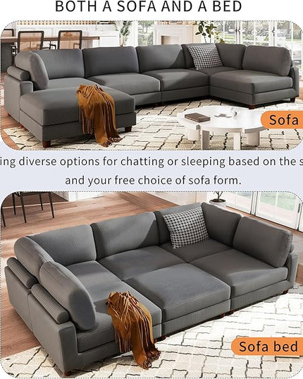 Free Combination Convertible Modular Sectional Sofa with Movable Ottomans , 163'' Oversized Corduroy Upholstered Sleeper Corner Couch Sofabed with Wooden Legs and Detachable Cushions for Living Room - LeafyLoom