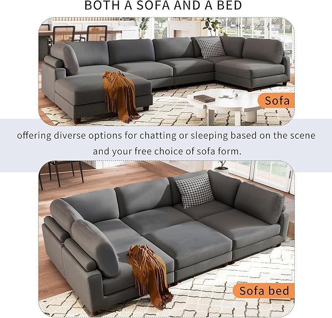 Free Combination Convertible Modular Sectional Sofa with Movable Ottomans , 163'' Oversized Corduroy Upholstered Sleeper Corner Couch Sofabed with Wooden Legs and Detachable Cushions for Living Room - LeafyLoom