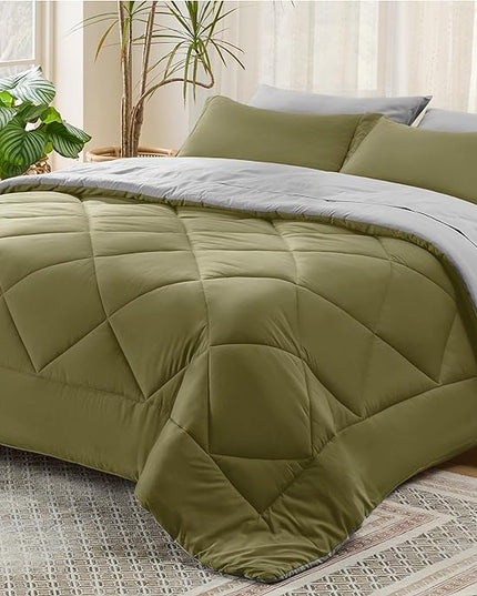 Bedsure Olive Green Queen Comforter Set - 7 Pieces Reversible Queen Bed in a Bag Queen Bed Set with Comforters, Sheets, Pillowcases & Shams, Queen Bedding Sets - LeafyLoom