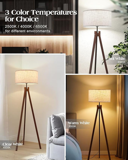ELYONA Wood Tripod Floor Lamp, Mid Century Reading Standing Lamp with 3 Color Temperatures & Linen Shade, Modern Night Light for Bedroom, Farmhouse, Living Room, Office, 9W LED Bulb Included, Brown - LeafyLoom