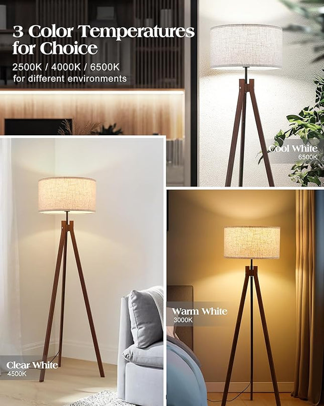 ELYONA Wood Tripod Floor Lamp, Mid Century Reading Standing Lamp with 3 Color Temperatures & Linen Shade, Modern Night Light for Bedroom, Farmhouse, Living Room, Office, 9W LED Bulb Included, Brown - LeafyLoom
