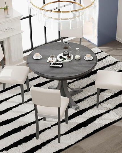 5 Piece Modern Round Dining Set, Including Solid Wood Curved Trestle Style Table Legs and 4 Upholstered Backrest Cushioned Chairs, for Kitchen, Living Room, Dark Gray+Brown - LeafyLoom