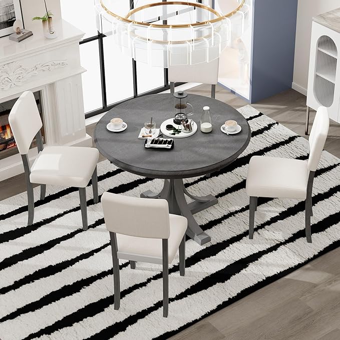 5 Piece Modern Round Dining Set, Including Solid Wood Curved Trestle Style Table Legs and 4 Upholstered Backrest Cushioned Chairs, for Kitchen, Living Room, Dark Gray+Brown - LeafyLoom
