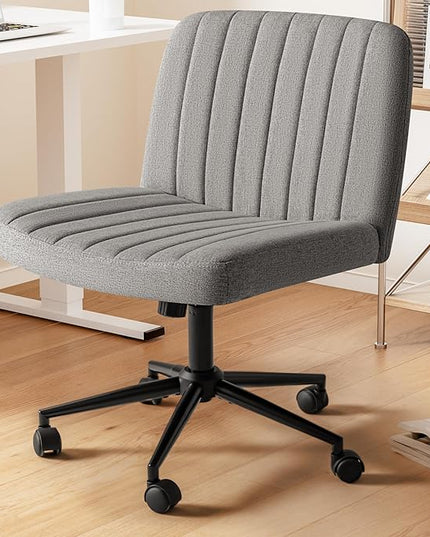 Criss Cross Legged Chair with Wheels, Armless Swivel Wide Padded Height Adjustable Fabric Home Office, Light Grey - LeafyLoom