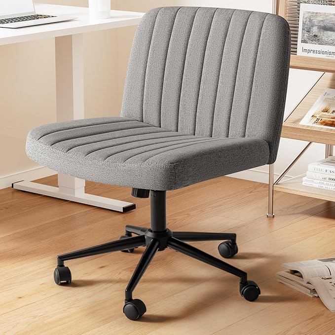 Criss Cross Legged Chair with Wheels, Armless Swivel Wide Padded Height Adjustable Fabric Home Office, Light Grey - LeafyLoom