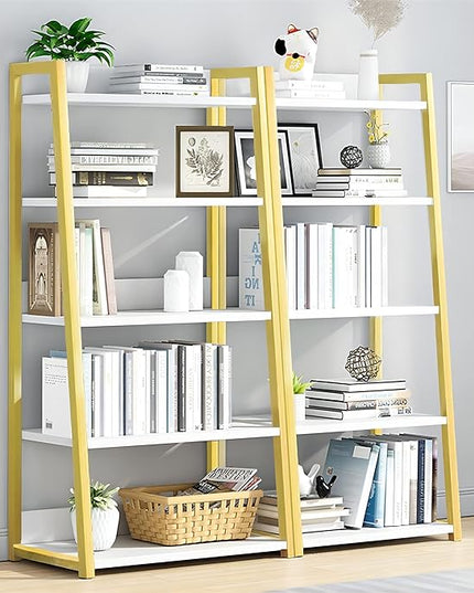 IOTXY 5 Tier Open Bookshelf - Steel and Wood Display Stand, 50CM Width Floor-Standing Bookcase, Gold - LeafyLoom