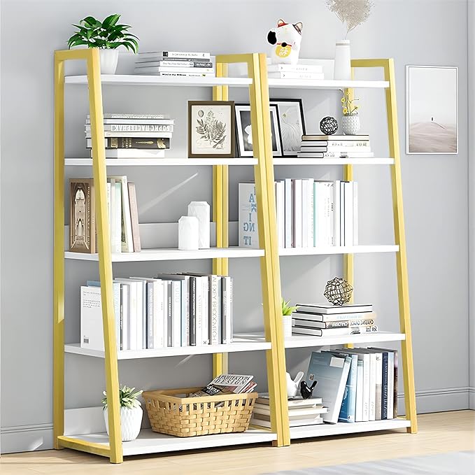 IOTXY 5 Tier Open Bookshelf - Steel and Wood Display Stand, 50CM Width Floor-Standing Bookcase, Gold - LeafyLoom