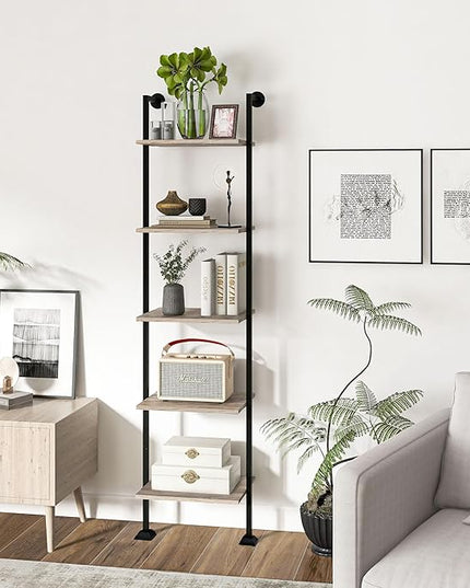 Axeman 5-Tier Ladder Shelf, Tall Narrow Bookcase for Small Spaces, Book Storage Organizer Case Open Shelves for Living Room, Home Office, Study, Industrial Style Black Metal Frame and Gray Shelf - LeafyLoom