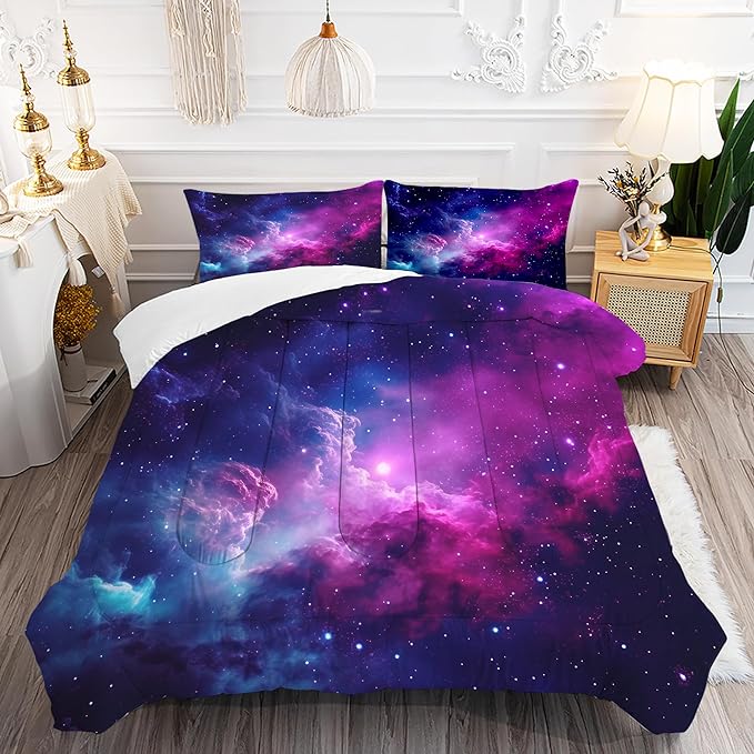 Galaxy Bedding Full Size Purple Outer Space Comforter Set for Girls Boys Kids Children Teen Bedroom Quilt 1 Comforter + 2 Pillow Cases - LeafyLoom