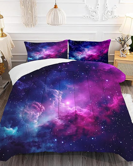 Galaxy Bedding Twin Size Purple Outer Space Comforter Set for Girls Boys Kids Children Bedroom Dorm Quilt 1 Comforter + 1 Pillow Case - LeafyLoom