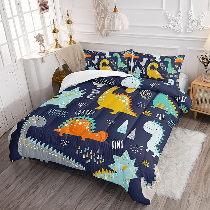 Datura home Bedding Comforter Set Kawaii Cartoon Dinosaur Printed Pattern with 1 and 2 Pillowcases for Boys Bedroom All Season(Cute Dinosaur Full) Full 80x90inches - LeafyLoom