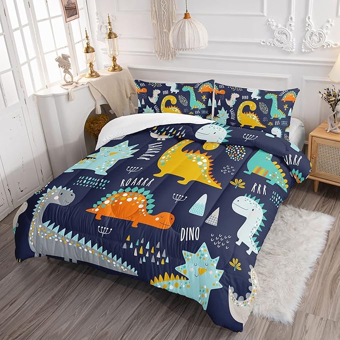 Datura home Bedding Comforter Set Kawaii Cartoon Dinosaur Printed Pattern Bedding Set with 1 Comforter and 2 Pillowcases for Boys Bedroom All Season(Cute Dinosaur Twin), Twin 68x86inches - LeafyLoom