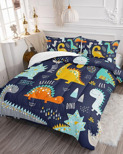 Datura home Bedding Comforter Set Kawaii Cartoon Dinosaur Printed Pattern Bedding Set with 1 Comforter and 2 Pillowcases for Boys Bedroom All Season(Cute Dinosaur Queen) - LeafyLoom