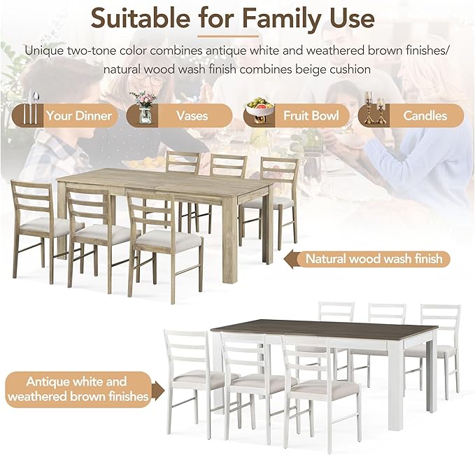 7 Piece Modern Wooden Dining Set, Include Multifunctional Extendable Table with 12” Leaf and 2 Drawers & 6 Soft Cushion Chairs, for Diningroom, Living Room, Natural+Beige - LeafyLoom