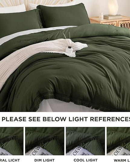 Litanika Queen Size Comforter Set Olive Green, 3 Pieces Dark Green Boho Tassel Bed Comforter, All Season Oversized Bedding Comforter Sets (1 Comforter 90x90 inch, 2 Pillowcases) - LeafyLoom