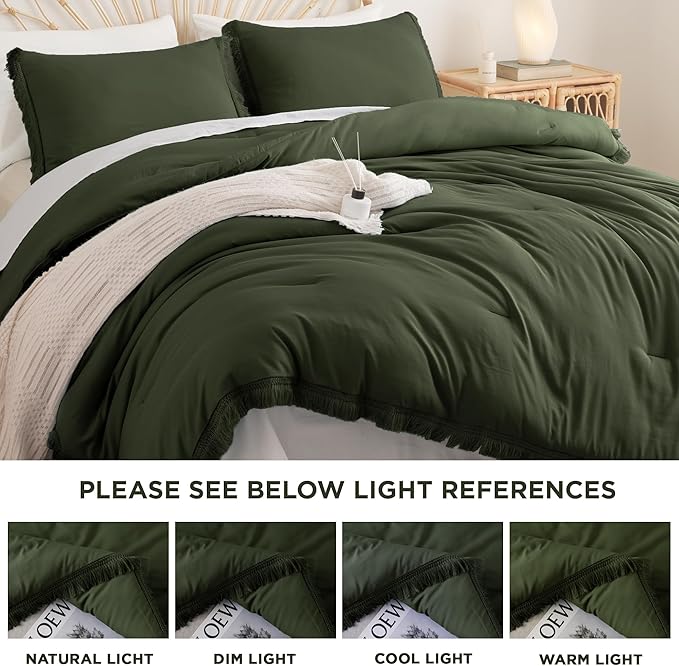 Litanika Queen Size Comforter Set Olive Green, 3 Pieces Dark Green Boho Tassel Bed Comforter, All Season Oversized Bedding Comforter Sets (1 Comforter 90x90 inch, 2 Pillowcases) - LeafyLoom