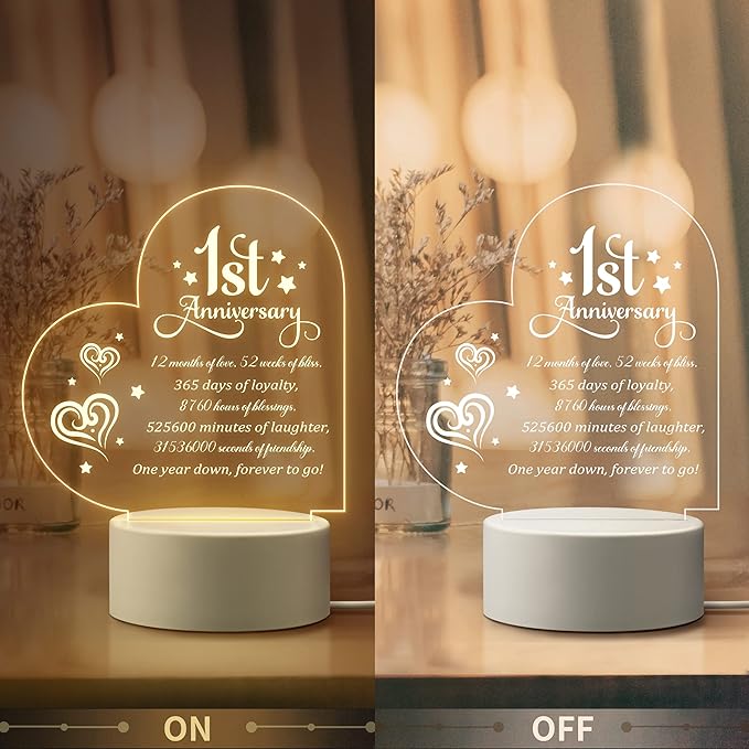 1st Anniversary Romantic Gifts for Him Her, 1 Year Anniversary Valentines Gifts for Boyfriend Girlfriend, One Year Paper Anniversary Night Light Gifts for Wife Husband Couple - LeafyLoom