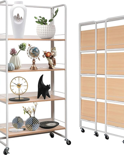 No-Assembly Folding Bookshelf Storage Rack Shelves with Castors 4 Tiers Vintage Bookcase Standing Racks Multifunctional Plant Flower Stand Study Organizer for Home Office (Wood,White) - LeafyLoom