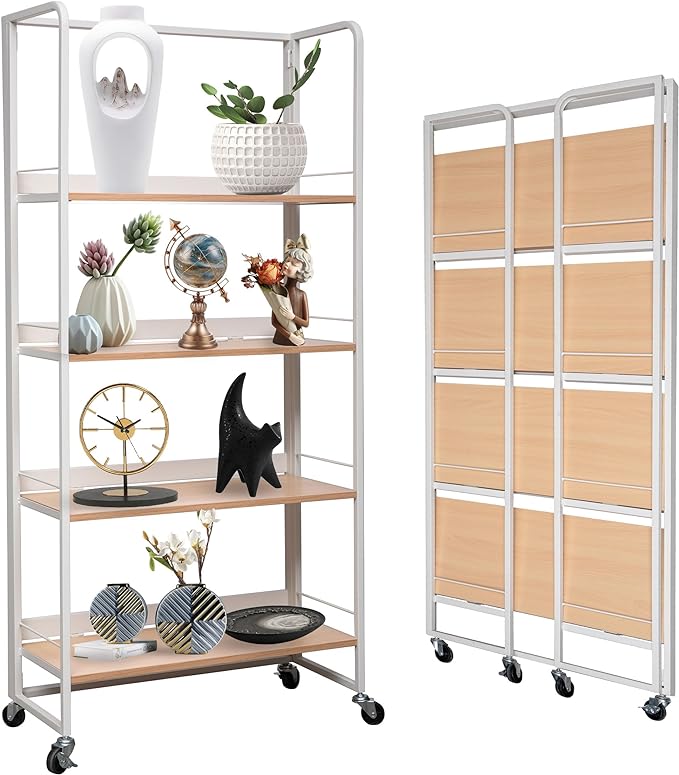 No-Assembly Folding Bookshelf Storage Rack Shelves with Castors 4 Tiers Vintage Bookcase Standing Racks Multifunctional Plant Flower Stand Study Organizer for Home Office (Wood,White) - LeafyLoom