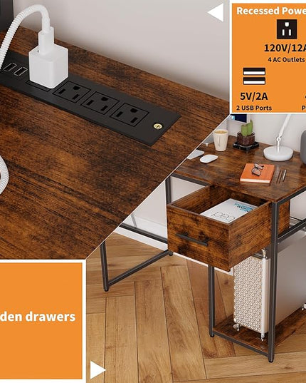 L Shaped Home Office Desk, Reversible Gaming Desk with Drawers, Led Lights & Power Outlets Rustic Brown - LeafyLoom