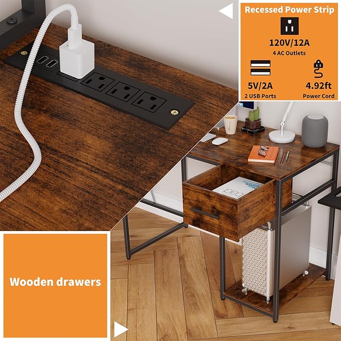 L Shaped Home Office Desk, Reversible Gaming Desk with Drawers, Led Lights & Power Outlets Rustic Brown - LeafyLoom