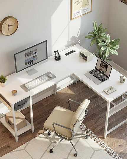 CubiCubi L Shaped Gaming Desk with Power Outlets and USB Charging Ports, 58" Reversible Corner Computer Desk with Storage Shelves and Drawer, Home Office Desk with Bookshlf, White - LeafyLoom