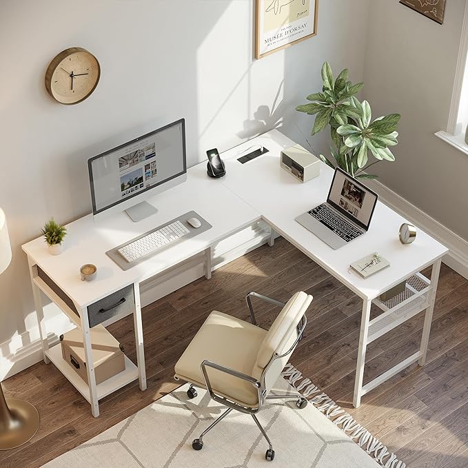 CubiCubi L Shaped Gaming Desk with Power Outlets and USB Charging Ports, 58" Reversible Corner Computer Desk with Storage Shelves and Drawer, Home Office Desk with Bookshlf, White - LeafyLoom