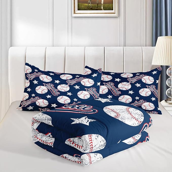 3D Baseballs Comforter Full Size,Blue Baseball Kids Comforter Set,3Pcs Bedding Set Printed Comforter with 2 Pillowcases,Down Alternative,Soft and Lightweight,for All Seasons - LeafyLoom