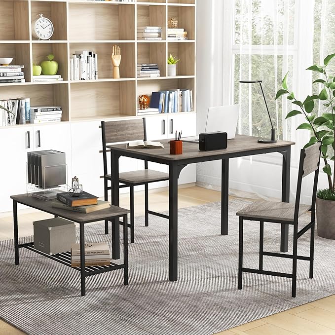 Dining Table Set for 4, Dinette Set w/Bench & Chairs, 2-Person Kitchen Table and Chairs w/Metal Frame & Storage Rack, Space-Saving Kitchen Table w/Bench for Apartment (Grey), Small - LeafyLoom