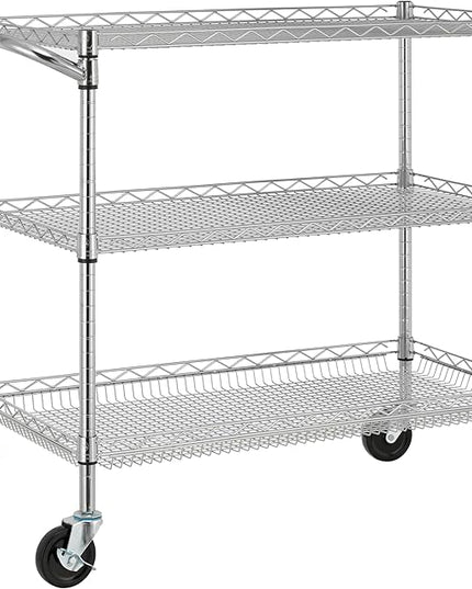 Finnhomy 3 Tier Heavy Duty Commercial Grade Utility Cart, Wire Rolling Cart with Handle Bar, Steel Service Cart with Wheels, Kitchen Carts on Wheels, Metal Cart Shelf Size 18" D x 36" W, NSF, Chrome - LeafyLoom