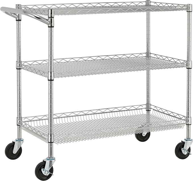 Finnhomy 3 Tier Heavy Duty Commercial Grade Utility Cart, Wire Rolling Cart with Handle Bar, Steel Service Cart with Wheels, Kitchen Carts on Wheels, Metal Cart Shelf Size 18" D x 36" W, NSF, Chrome - LeafyLoom