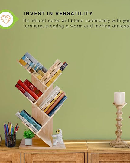 Prosumers Choice Wooden Bookshelf Storage Rack 25.4 x13.8 x 6.3in - 4Tier Bamboo Shelf to Maximize Vertical Space - Cool Tree Bookshelf - Unique Bookshelves - Vinyl organizer, Plants, and Decorations - LeafyLoom