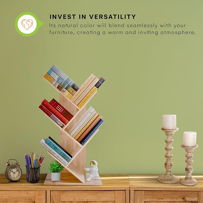 Prosumers Choice Wooden Bookshelf Storage Rack 25.4 x13.8 x 6.3in - 4Tier Bamboo Shelf to Maximize Vertical Space - Cool Tree Bookshelf - Unique Bookshelves - Vinyl organizer, Plants, and Decorations - LeafyLoom