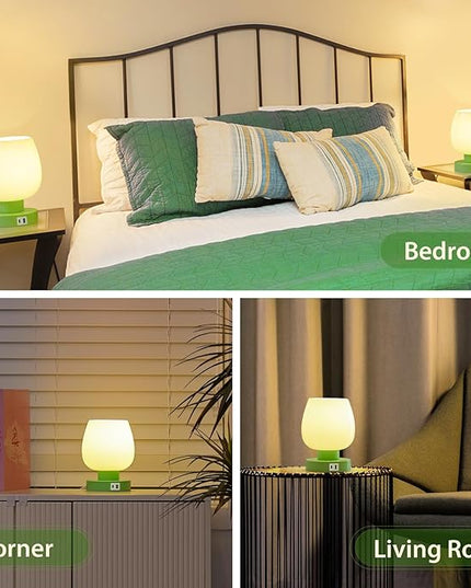 Touch Bedside Table Lamp with USB Charging - 3 Way Dimmable Small Glass Lamp for Bedroom, 2700K LED Bulb Included, Green, 2 Packs - LeafyLoom