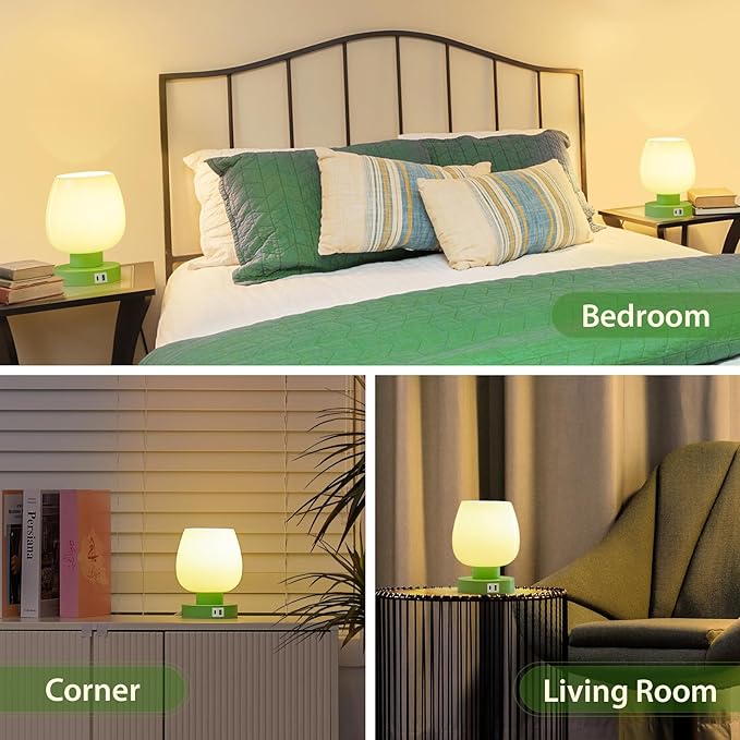 Touch Bedside Table Lamp with USB Charging - 3 Way Dimmable Small Glass Lamp for Bedroom, 2700K LED Bulb Included, Green, 2 Packs - LeafyLoom