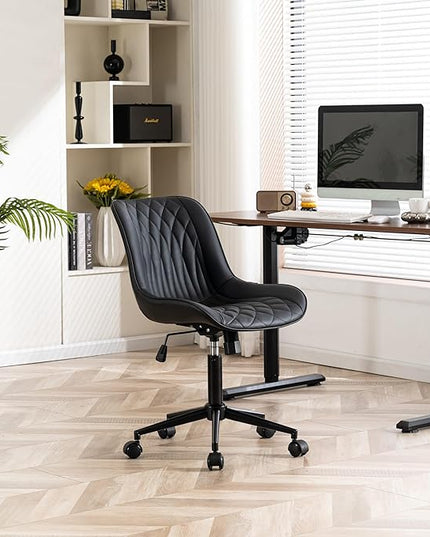 YOUNIKE Desk Chair with Wheels Armless Office Chair Swivel Rolling Task Chair with Back Upholstered Faux Leather Computer Chair Height Adjustable Modern Ergonomic Seat, Loads 300 lbs, Black - LeafyLoom