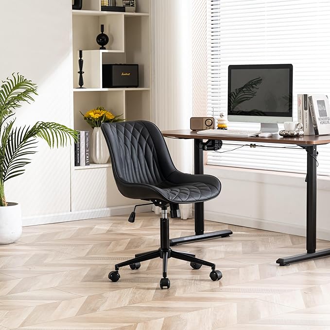 YOUNIKE Desk Chair with Wheels Armless Office Chair Swivel Rolling Task Chair with Back Upholstered Faux Leather Computer Chair Height Adjustable Modern Ergonomic Seat, Loads 300 lbs, Black - LeafyLoom