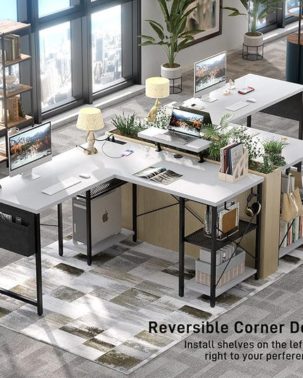 Aheaplus L Shaped Desk with Outlet and USB Charging Ports, L-Shaped Desk with Storage Shelves Reversible Corner Computer Desk 2 Person Long Table with Monitor Stand Gaming Home Office Desk, White - LeafyLoom